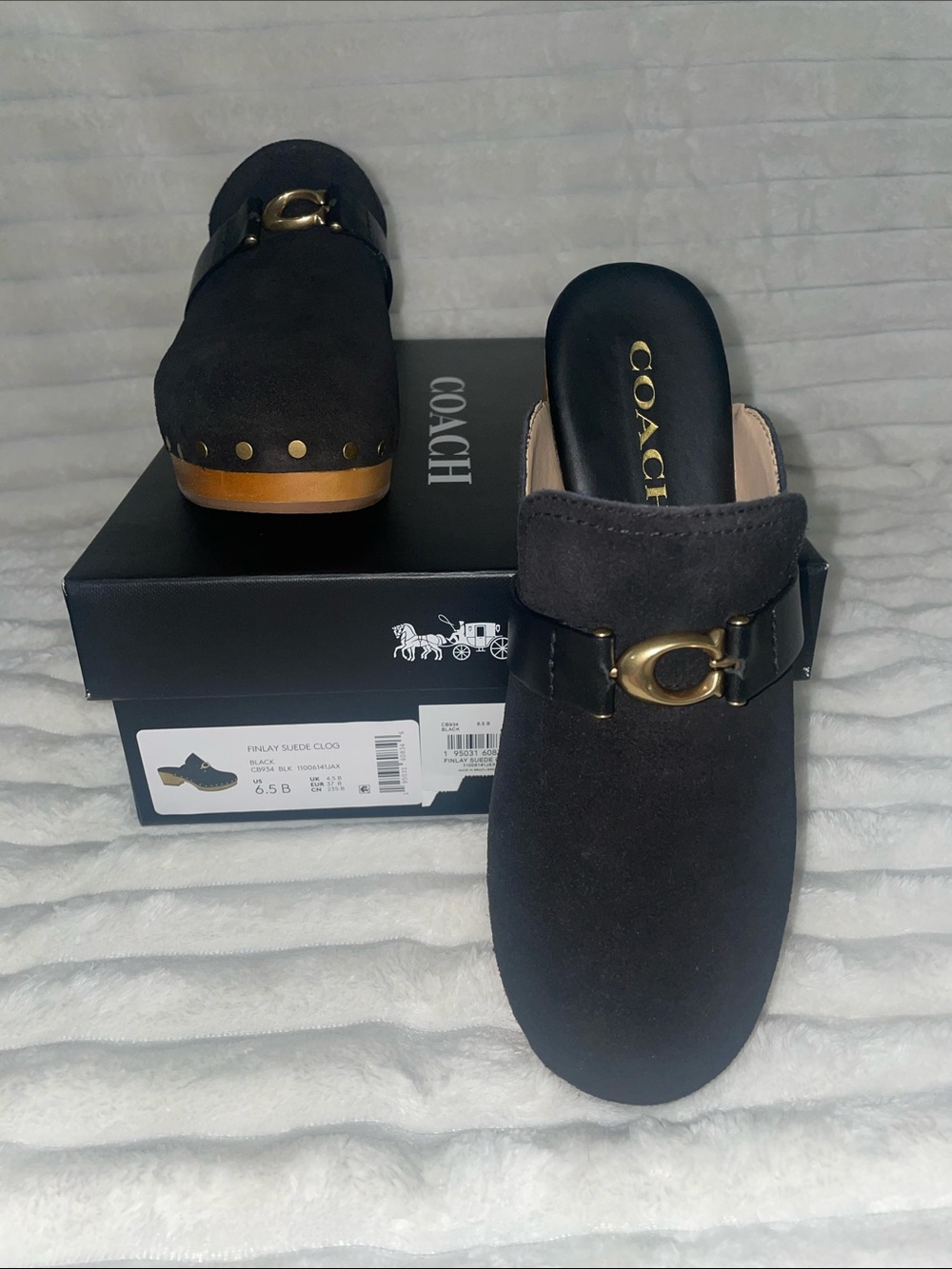 Coach Black Suede Clog Mules with Gold Buckle